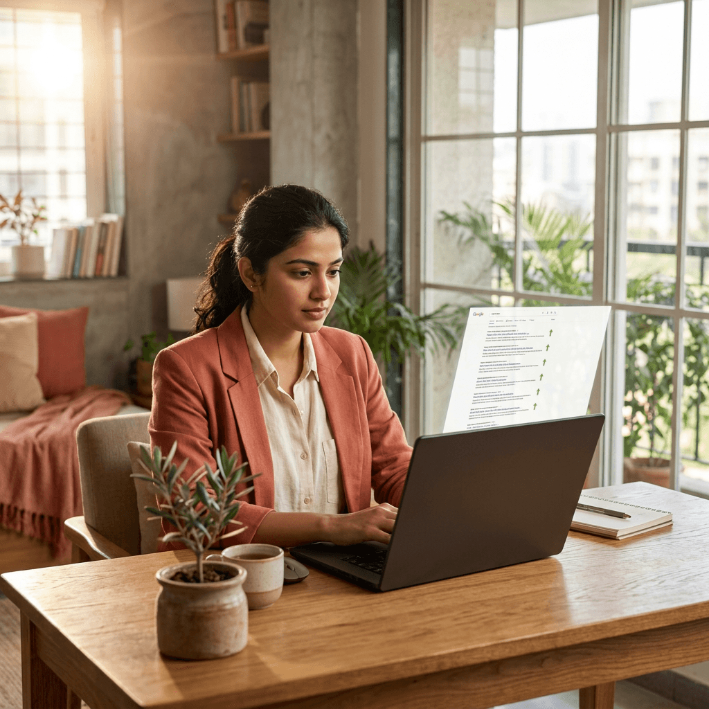 Business owner reviewing Google search rankings and local map results on a laptop in a warm workspace