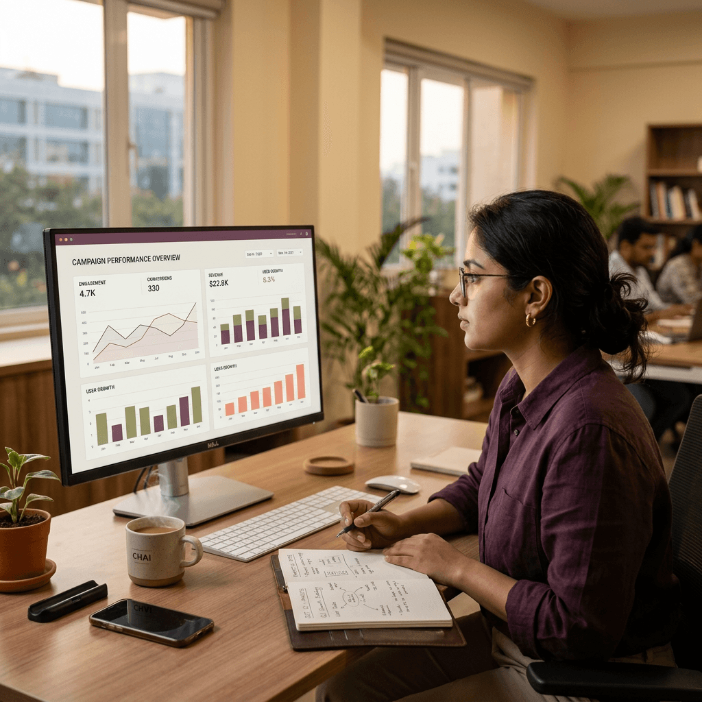 Designer reviewing a high-converting landing page and A/B test results on a widescreen monitor